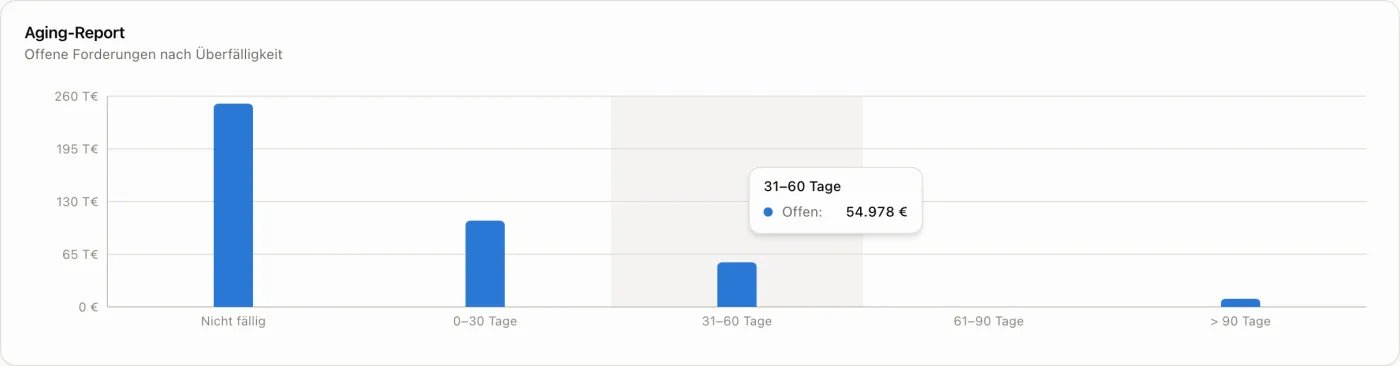 Aging-Report der Forderungen mit den Altersklassen 0 bis 30, 31 bis 60, 61 bis 90 und über 90 Tage.