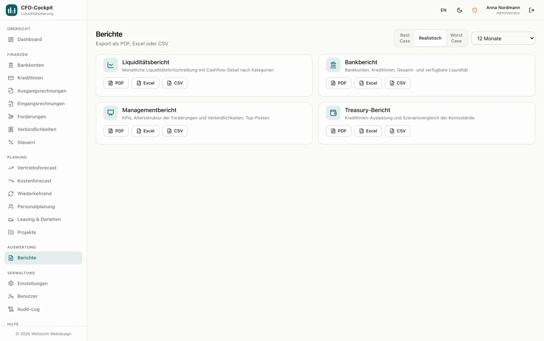Berichtsauswahl mit Liquiditäts-, Bank-, Management- und Treasury-Bericht, jeweils als PDF, Excel oder CSV.